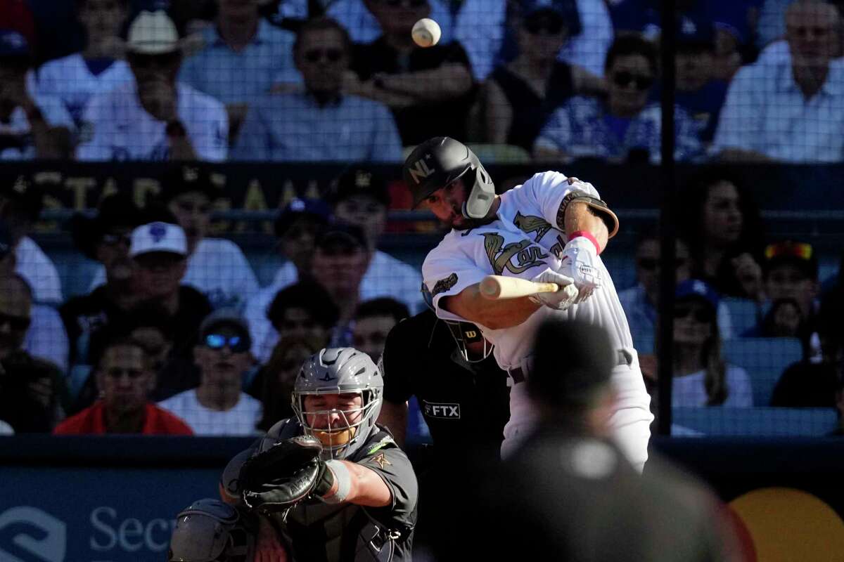 National League's Paul Goldschmidt, of the St. Louis Cardinals, connects for a solo home run during the first inning of the MLB All-Star baseball game against the American League, Tuesday, July 19, 2022, in Los Angeles. (AP Photo/Jae C. Hong)