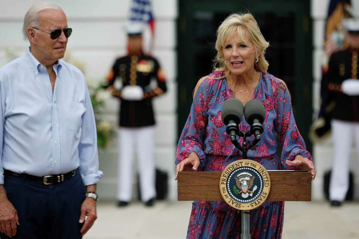 U.S. first lady Jill Biden delivers remarks with President Joe Biden while hosting the Congressional Picnic on the South Lawn of the White House on July 12, 2022 in Washington, DC. (Photo by Chip Somodevilla/Getty Images)