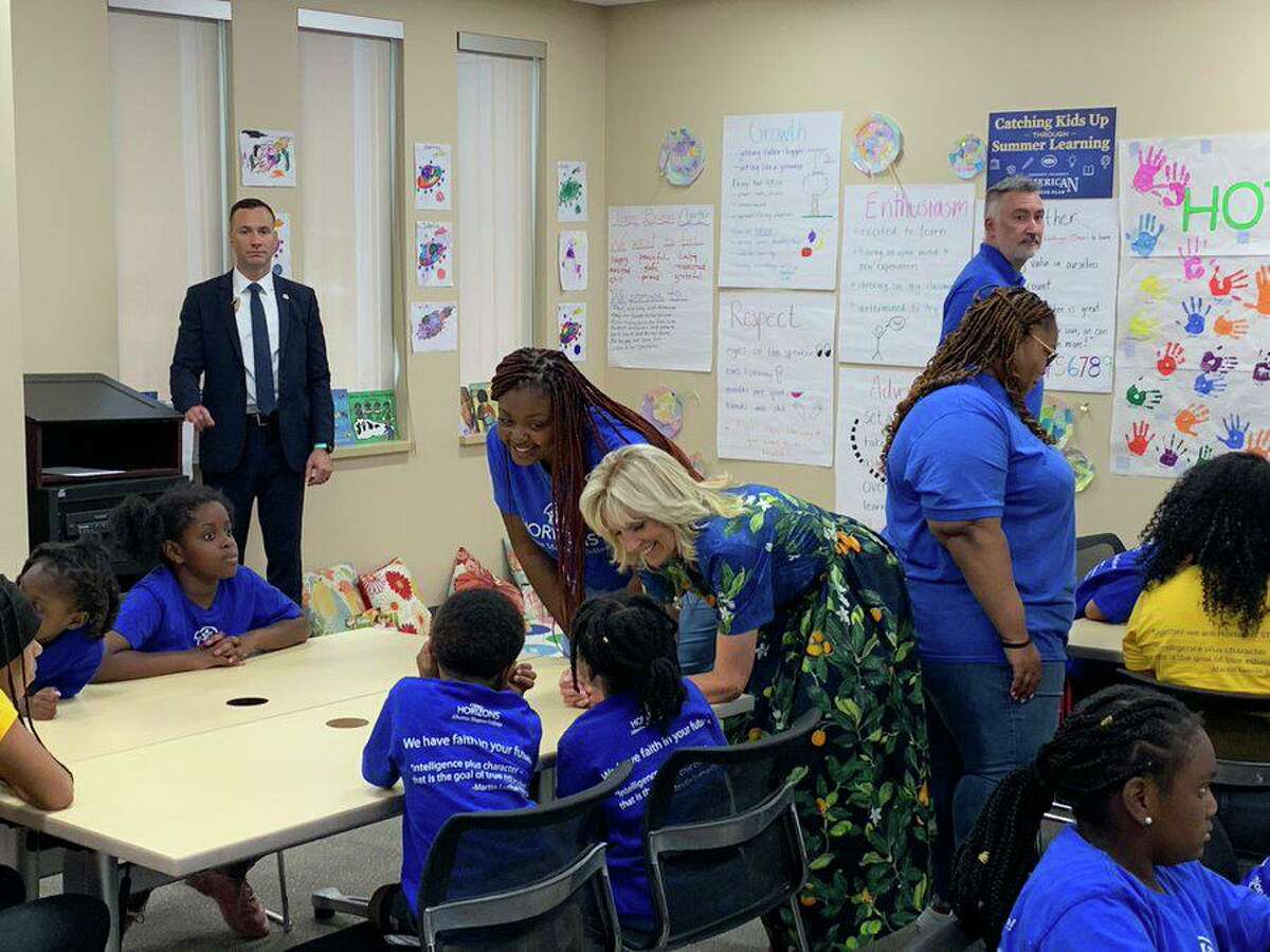 Dr. Jill Biden meets with K-2nd graders at the Horizon summer enrichment program at Albertus Magnus College