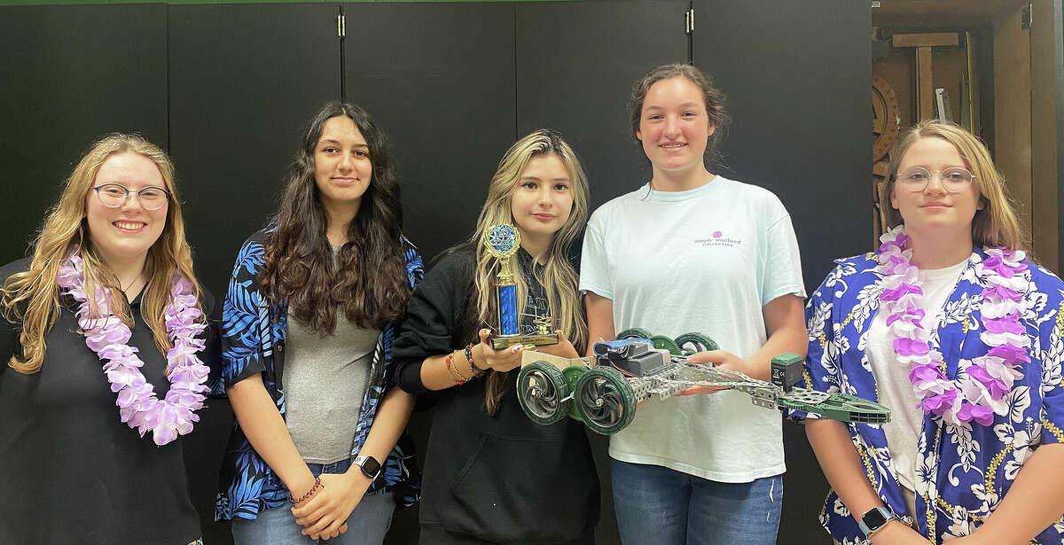 Middle schoolers across the district participated in a robotics competition on May 21st at Westlake Middle School. First place winners from Creekwood Middle School display the robot they designed and first place trophy. From left, Lucanne Robbins, Elissa Alpha, Nathaly Salas, Mailey Nevitt, and Katie Tims.
