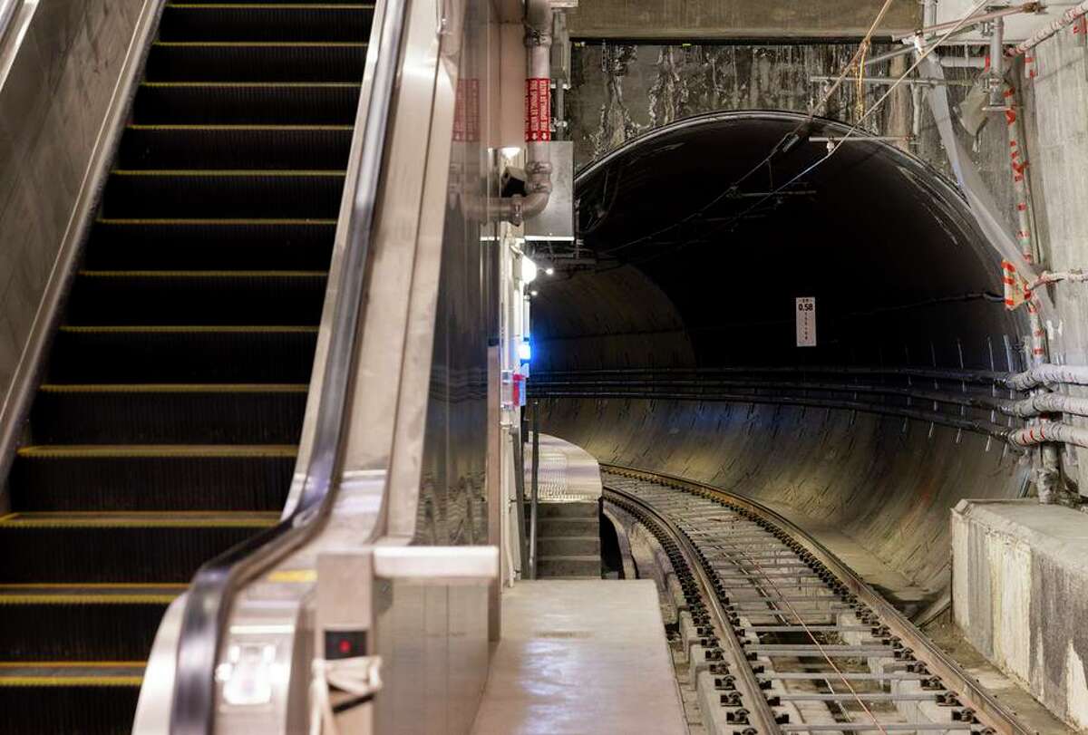 A train tunnel is seen under construction in the new Central Subway MUNI station platform at Union Square in San Francisco.