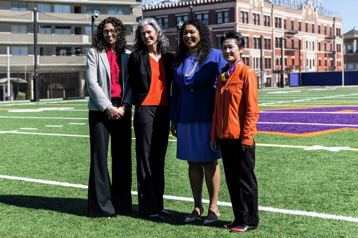 (L-R) Lisa Weissman-Ward, Lainie Motamedi, Mayor London Breed, and Ann Hsu stand for a photo after a swearing-in ceremony as a member of the Board of Education at Galileo High School in San Francisco, California Friday, March 11, 2022. The three appointees will serve out the remaining terms of the three recalled President Gabriela Lopez and board members Alison Collins and Faauuga Moliga following a successful February recall election.