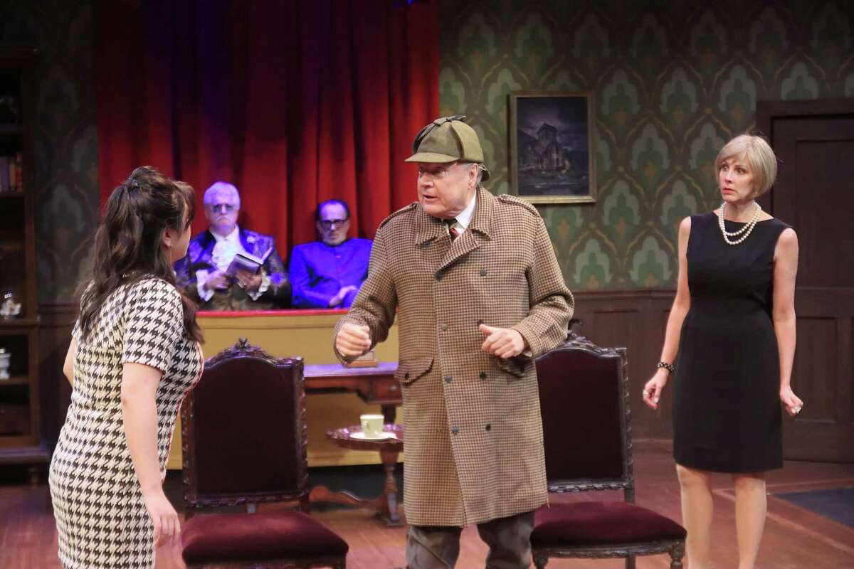 Foreground left to right are Alexandra Szeto-Joe, Jim Salners, Elizabeth Marshall Black and background left to right are Paul Hope and John Feltch in Main Street Theater’s “The Real Inspector Hound.”