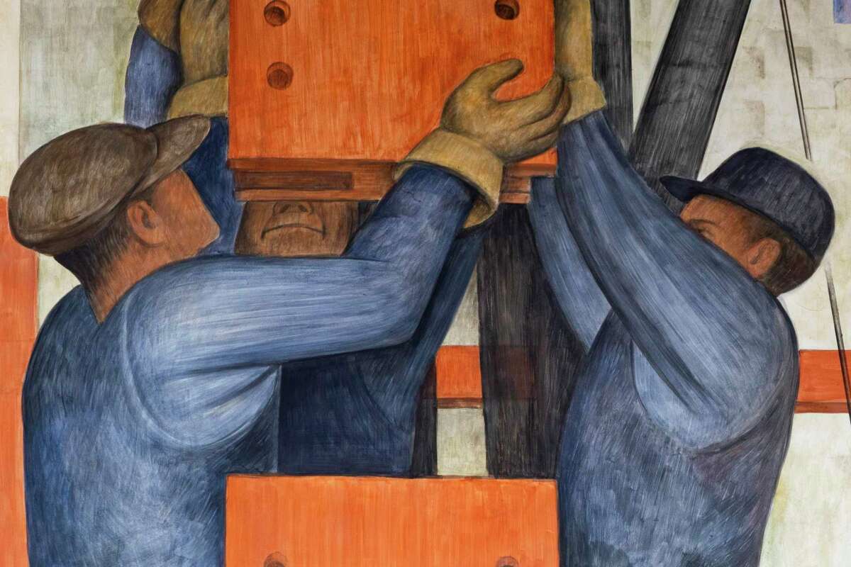Fine brushstrokes show in “The Making of a Fresco Showing the Building of a City,” painted by Diego Rivera in 1931, now in a private San Francisco Art Institute gallery.