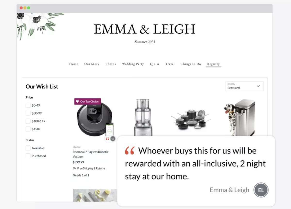 Some perks of a The Knot wedding registry include free shipping, easy returns, and a 20% post-wedding discount on qualifying items.