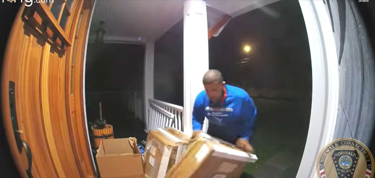 Police said this man, wearing a “Jerry’s Paving” shirt, stole $6,000 worth of packages from the porch of a Norwalk home this week.