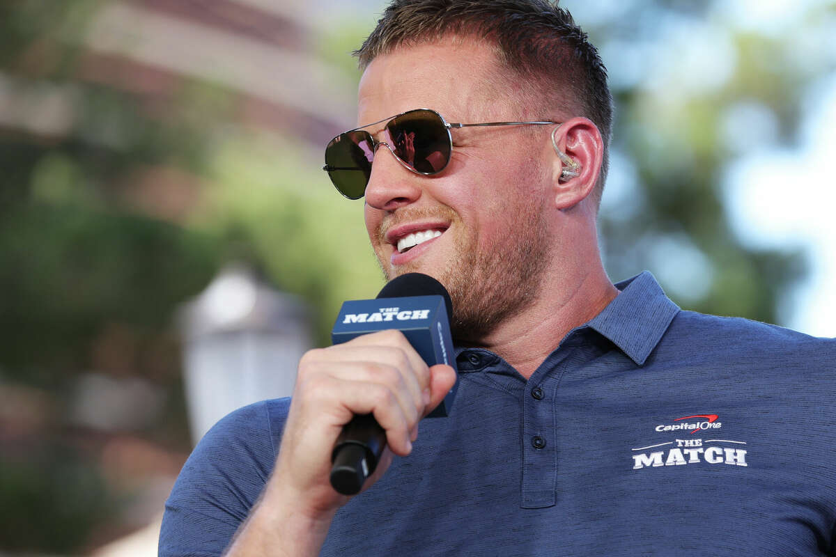 J.J. Watt takes part in the Bleacher Report Hot Seat Press Conference prior to Capital One's The Match VI - Brady & Rodgers v Allen & Mahomes at Wynn Golf Club on June 1, 2022 in Las Vegas, Nevada.