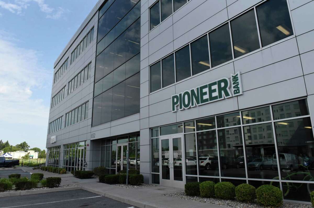 Exterior of Pioneer Bank headquarters July 21, 2022, on Albany-Shaker Road in Colonie, N.Y.
