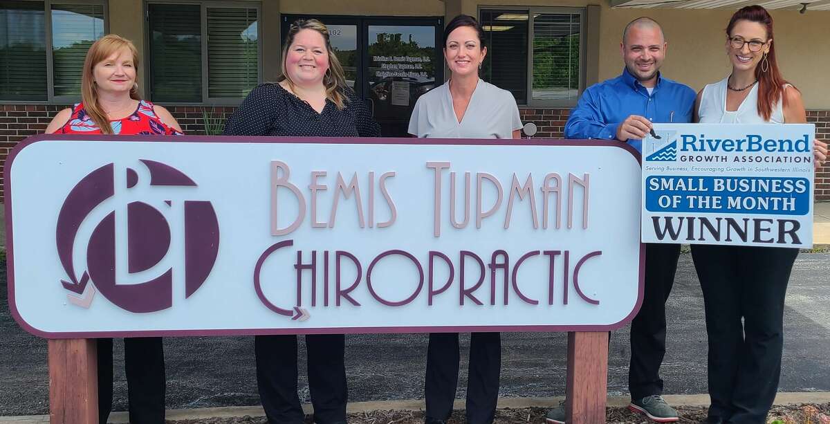 Bemis Tupman Chiropractic is the RiverBend Growth Association's Small Business of the Month for July. From left are Michelle Price, Amanda Pellegrino, Dr. Chrissy Faccin-Rives, Dr. Stephen Tupman and Dr. Kristina E. Bemis Tupman.