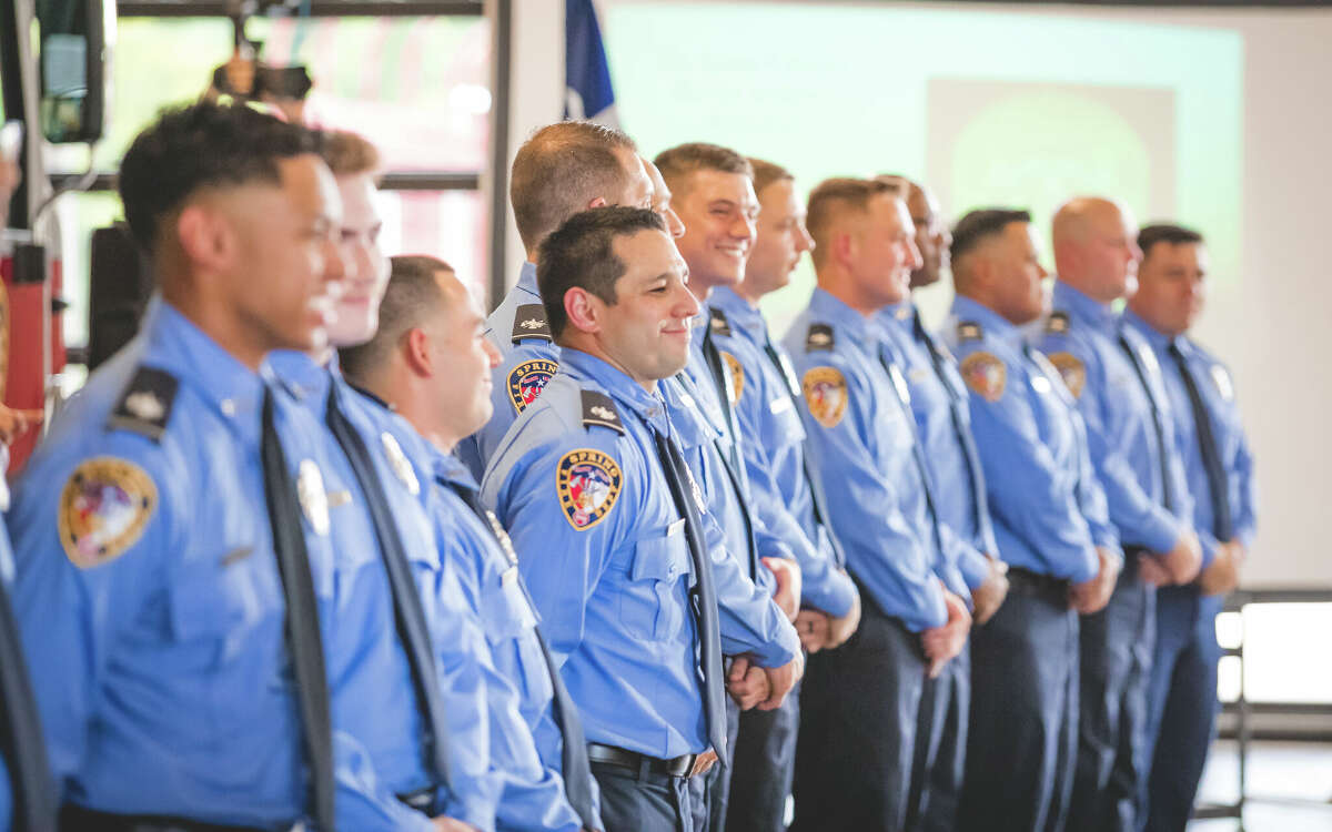The Spring Fire Department welcomed 14 new full-time and volunteer firefighters who were celebrated with a badge pinning ceremony Saturday afternoon, July 16, 2022, at Station 71.