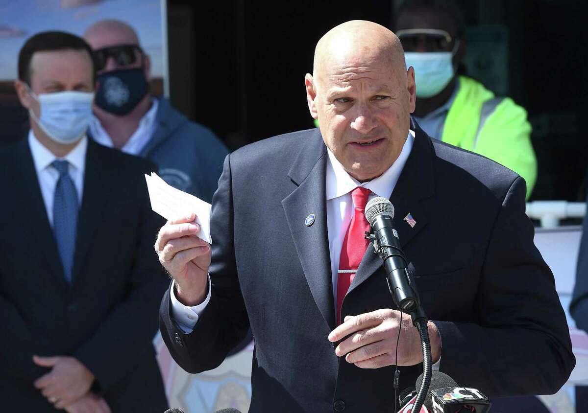 East Haven Mayor Joseph Carfora speaks at a press conference announcing major expansion plans at Tweed New Haven Regional Airport on May 6, 2021.