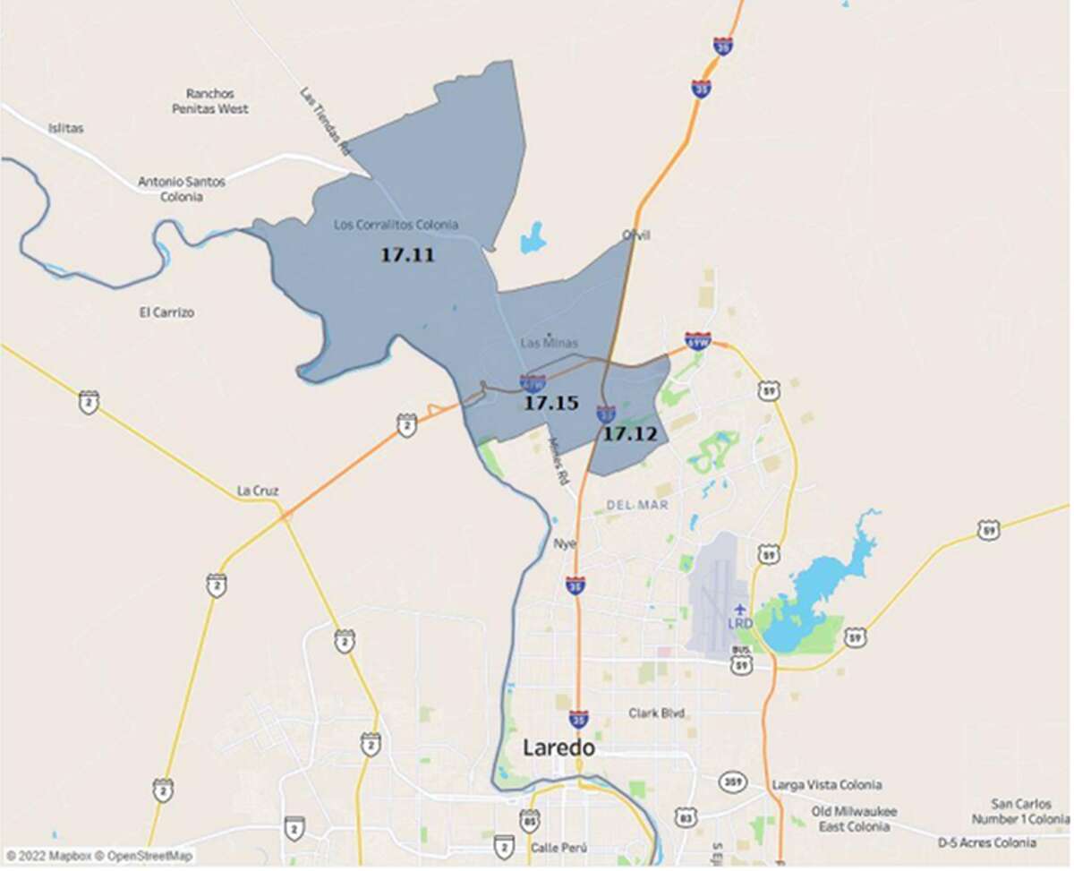 The map above shows three census tract areas in which the City of Laredo health department asked the Texas of Department State Health Services to implement a cancer assessment.