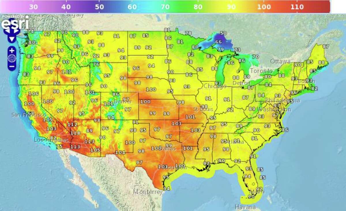 San Francisco stands out with a high of 68 degrees on a National Weather Service temperature map for Thursday, July 21, 2022. Most of the continental U.S. sweltered under blisteringly hot weather.