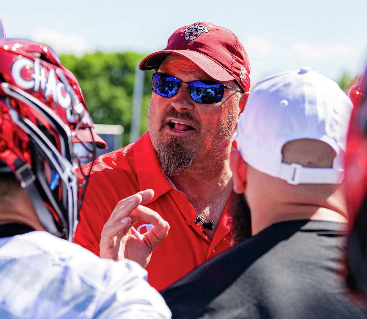 Chaos coach Andy Towers talks to his team during a Premier Lacrosse League game on June 4.