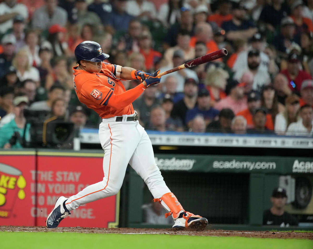 Houston Astros Jeremy Pena (3) hits a double during the second inning of Game two of a double head MLB baseball game at Minute Maid Park on Thursday, July 21, 2022 in Houston.