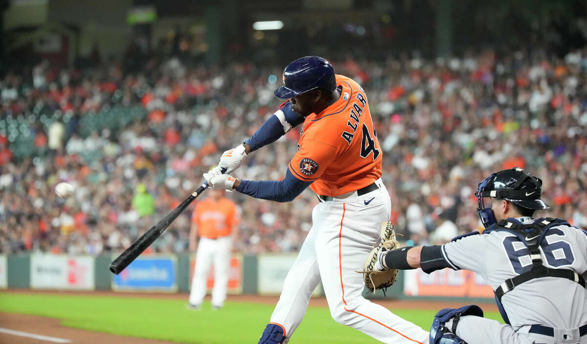 Houston Astros designated hitter Yordan Alvarez (44) hits a home run off of New York Yankees starting pitcher Domingo German during the first inning of Game two of a doublehead MLB baseball game at Minute Maid Park on Thursday, July 21, 2022 in Houston.