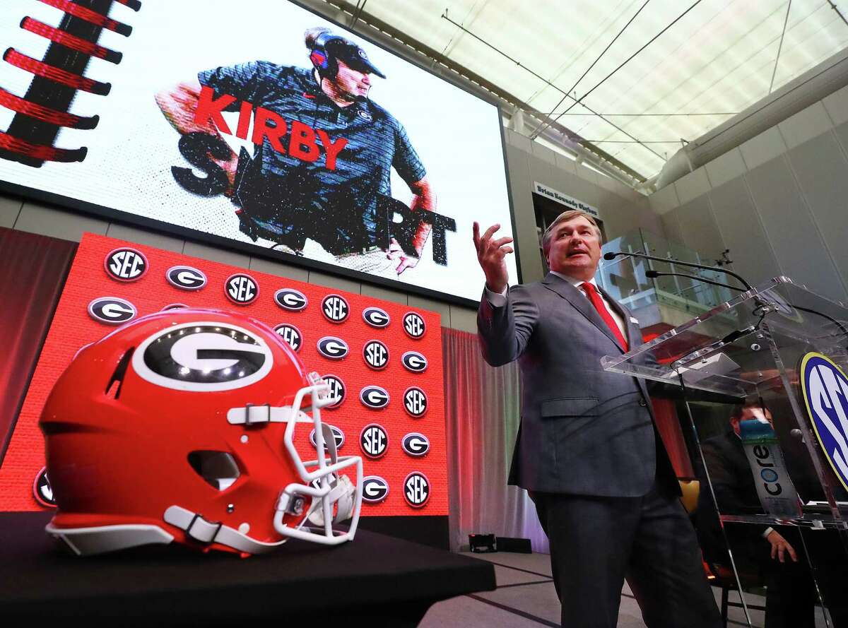 Georgia head coach Kirby Smart speaks at SEC Media Days in the College Football Hall of Fame on Wednesday, July 20, 2022, in Atlanta. (Curtis Compton/The Atlanta Journal-Constitution/TNS)