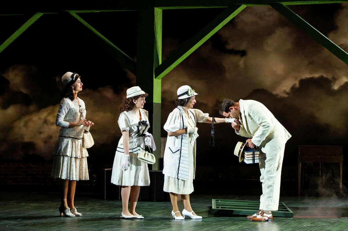 In "Anna in the Tropics," set in a Florida cigar factory in 1929, a new lector (Alex Rodriguez, right) arrives from Cuba to read classic literature to employees while they work, from left, Marina Pires, Gabriela Saker and Blanca Camacho. The production  runs through July 30, 2022, at Barrington Stage Company in Pittsfield, Mass.
