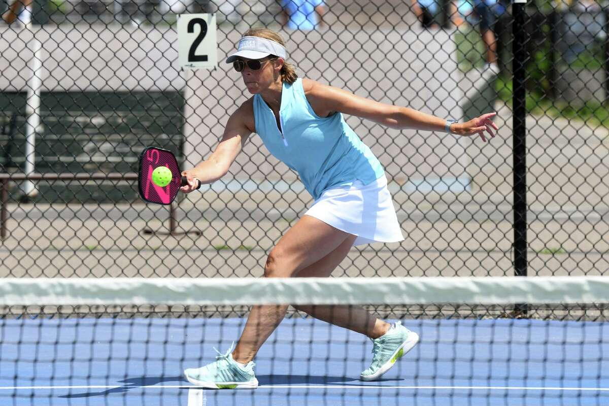 Beth Handa plays pickleball at Compo Beach Park in Westport on July 19.