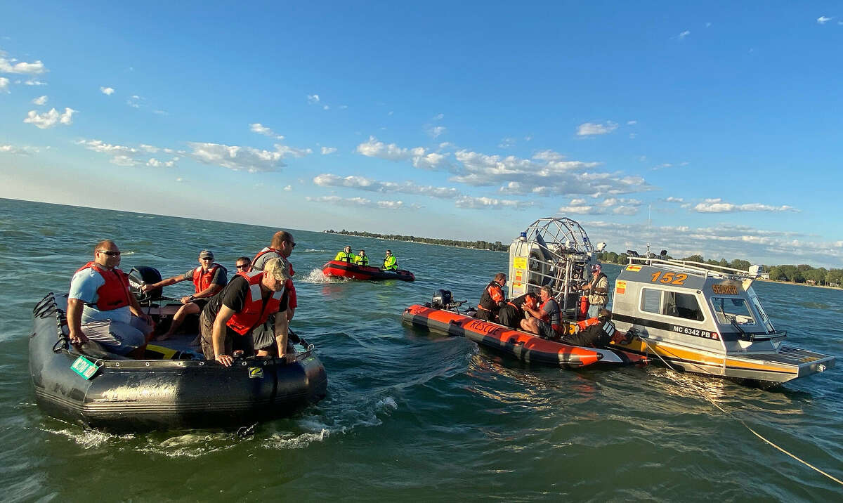 Members of the Huron County Sheriff’s Office as well as the Harbor Beach and Port Austin fire departments used the choppy waters off Caseville County Park Beach on Thursday night to conduct joint water rescue training.