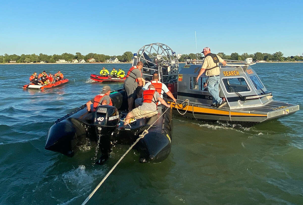 Members of the Huron County Sheriff’s Office as well as the Harbor Beach and Port Austin fire departments used the choppy waters off Caseville County Park Beach on Thursday night to conduct joint water rescue training.