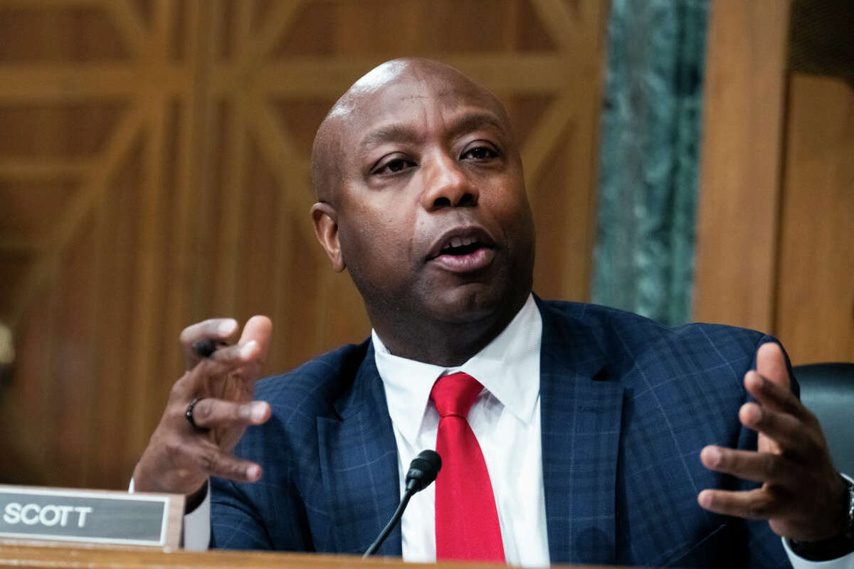 Sen. Tim Scott, R-S.C., questions U.S. Federal Reserve Chair Jerome Powell on Capitol Hill on March 3, 2022, in Washington, D.C. 