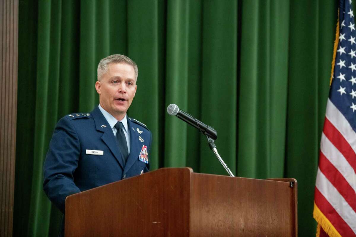 Lt. Gen. Timothy D. Haugh speaks in 2019 when he took command of the 16th Air Force. Now moving on to Fort Meade, Md., he’s helped shift the culture and digital mindset.