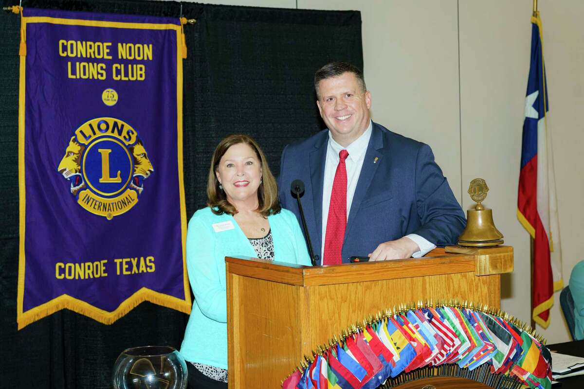 Marilyn Kasmeirsky, the executive director with Family Promise of Montgomery County (left), gave an update to the Conroe Noon Lions Club on the organizations latest programs and services to assist families transitioning out of the crisis of homelessness last week. Also pictured, Conroe Noon Lions Club president Warner Phelps (right).