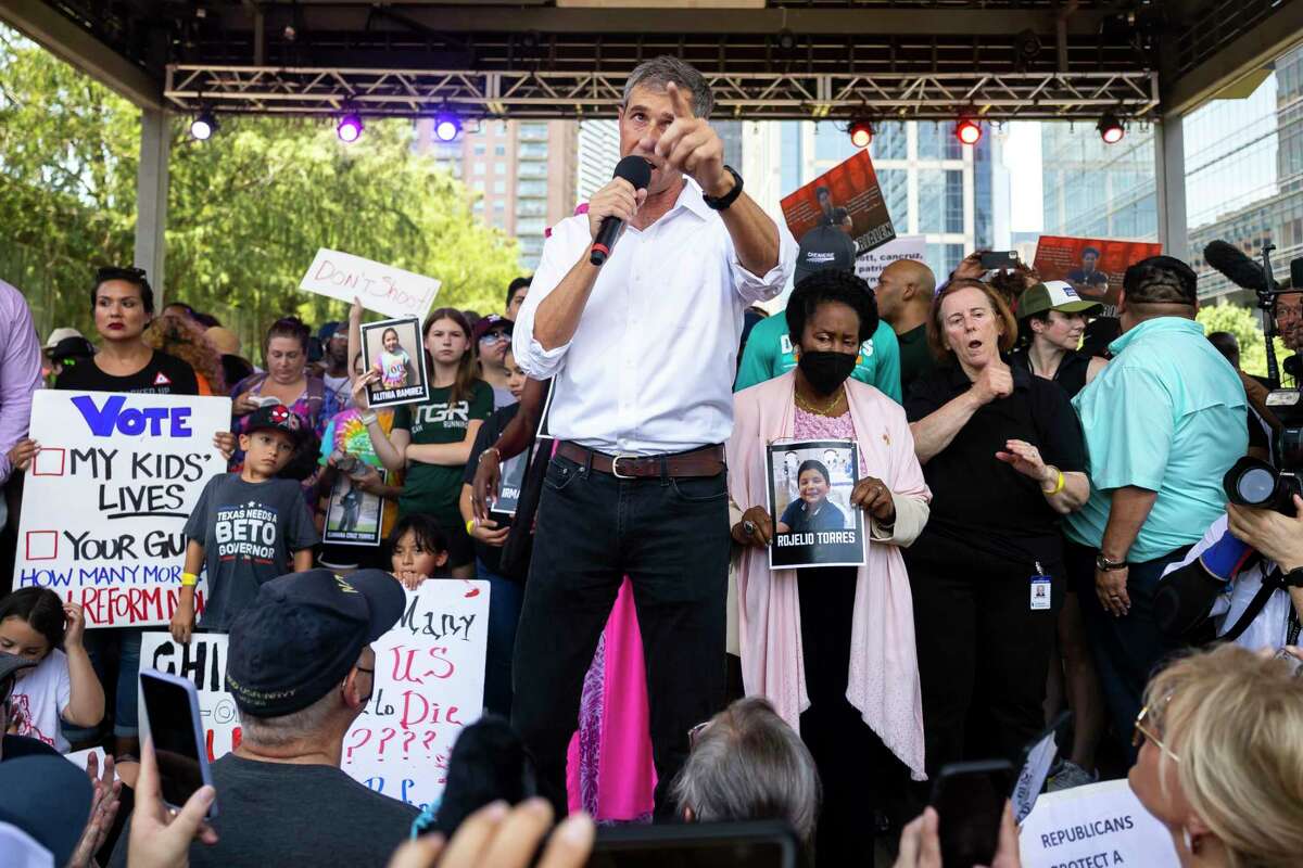 Former Rep. Beto OÕRourke (D-Texas), the Democratic nominee for governor, speaks to protesters at a rally outside the National Rifle AssociationÕs annual convention in Houston on May 27, 2022. The convention opened days after the school shooting in Uvalde, Texas, which killed 19 elementary school students and two teachers. (Annie Mulligan/The New York Times)