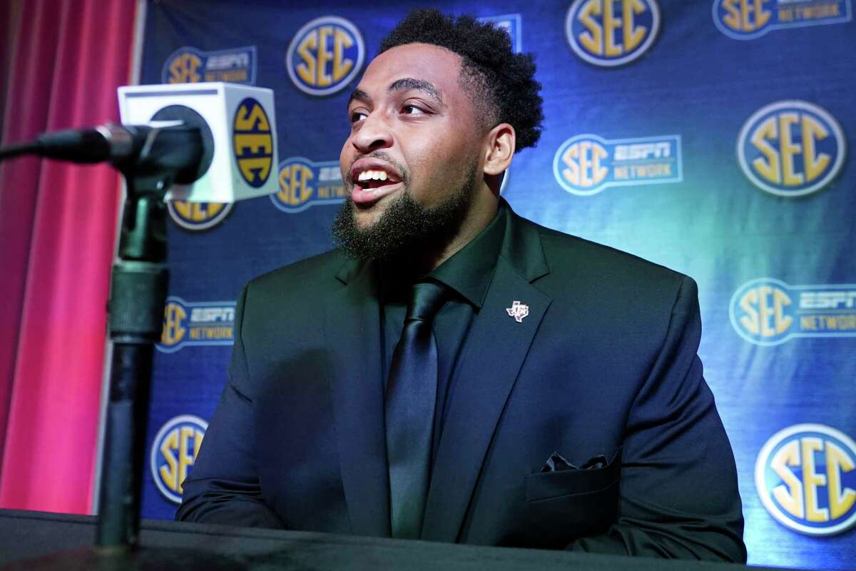 Texas A&M offensive lineman Layden Robinson, at SEC media days, says 'There’s nothing like a big boy looking sharp.'