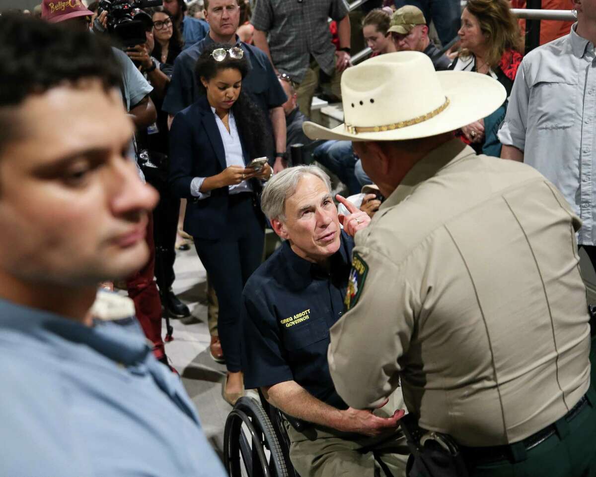 Governor Greg Abbott attending the vigil in remembrance of the 21 people, including 19 children, who were killed at the Robb Elementary School mass shooting at the Uvalde County Fairplex, on Wednesday, May 25, 2022, in Uvalde, Texas.