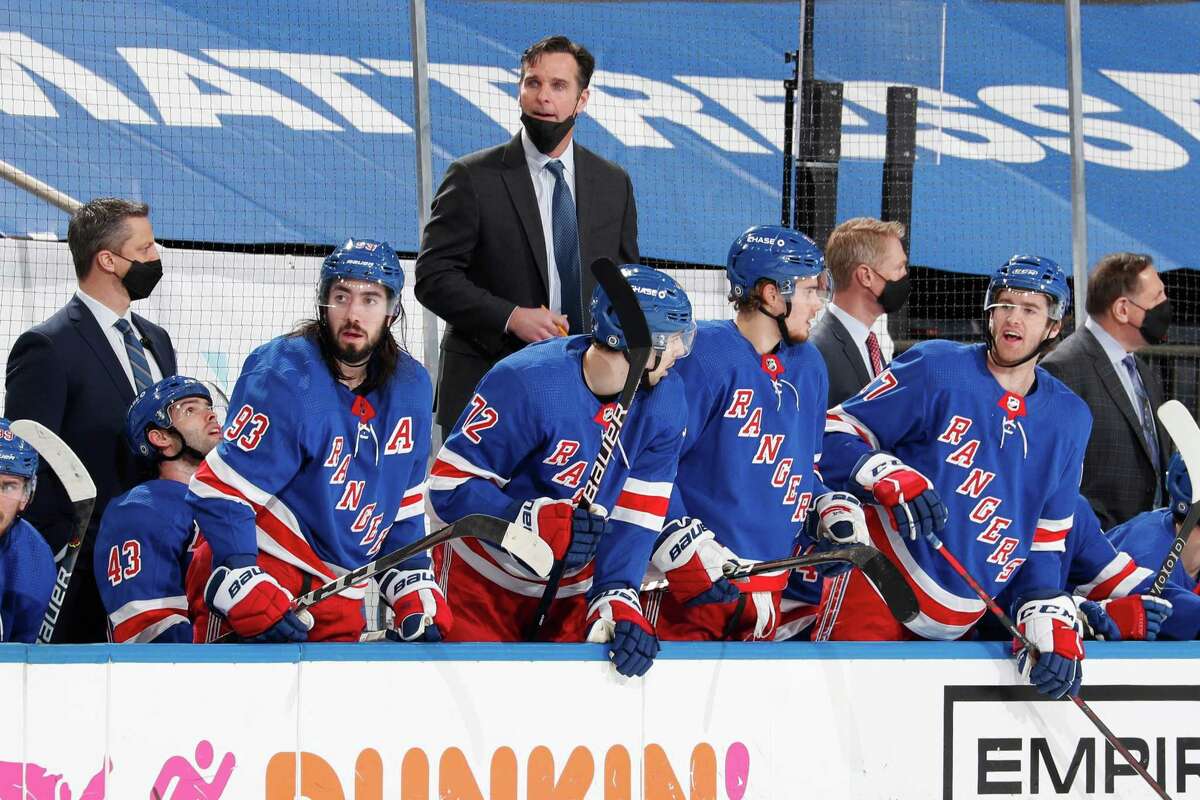 NEW YORK, NY - APRIL 22: Head Coach David Quinn of the New York Rangers looks on from the bench against the Philadelphia Flyers at Madison Square Garden on April 22, 2021 in New York City. (Photo by Jared Silber/NHLI via Getty Images)