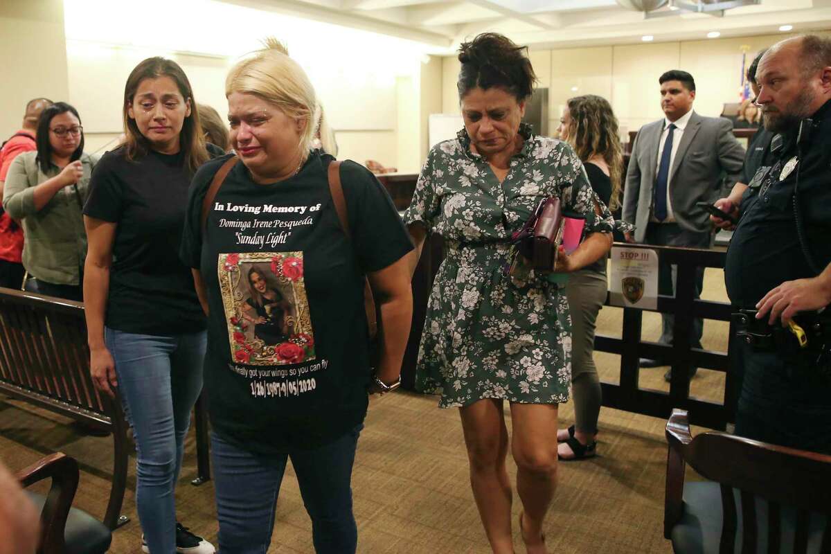 Family and friends of Dominga Irene Pesqueda Estrada, 33, leave court in tears after her killer, ex-husband David James Estrada Jr., is sentenced to 15 years in prison Friday. He was convicted of murder the day before.