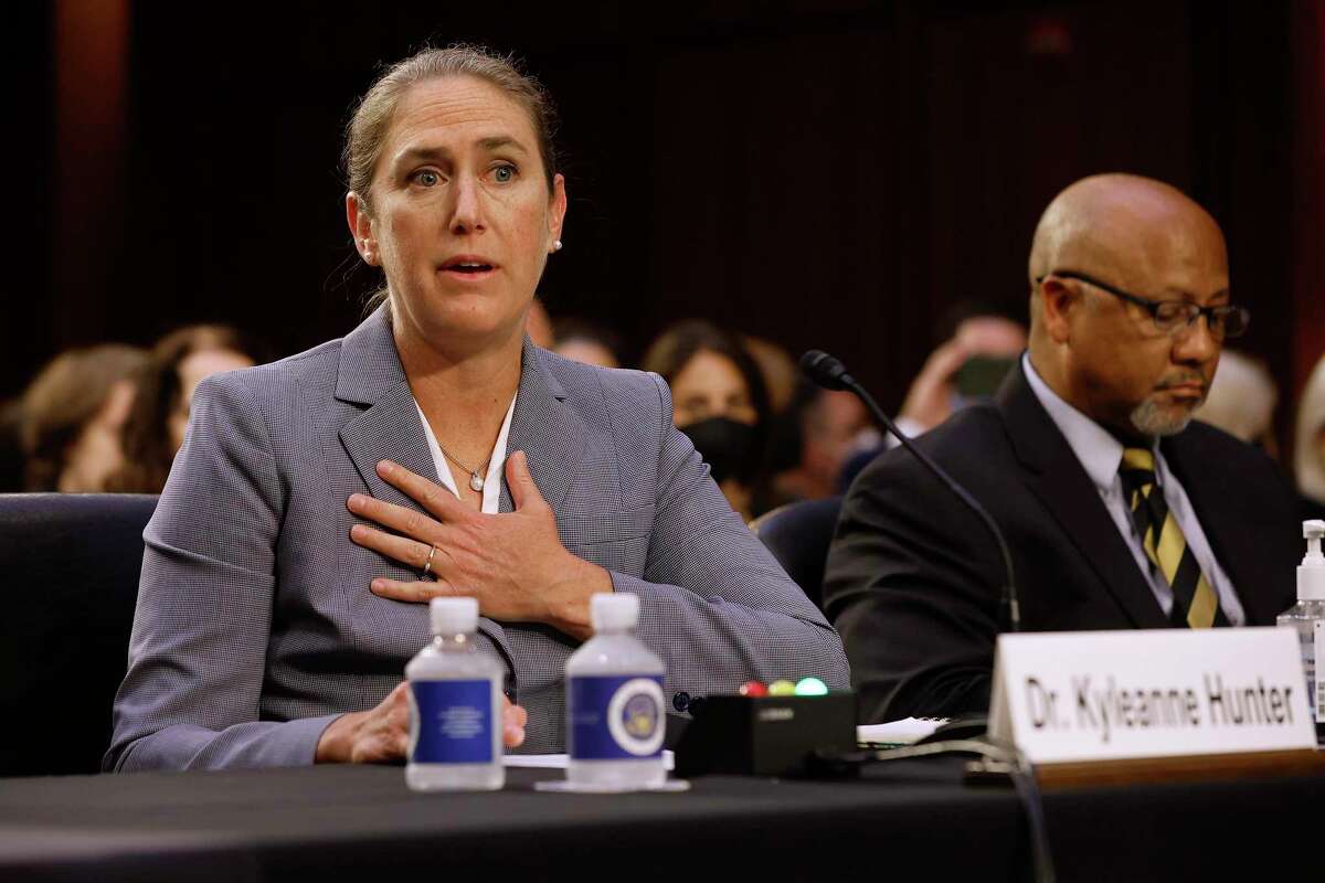 RAND Corporation Senior Political Scientist and former U.S. Marine Dr. Kyleanne Hunter testifies during a Senate Judiciary Committee hearing about the Highland Park, Illinois, mass shooting and civilian access to military-style assault weapons in the Hart Senate Office Building on Capitol Hill on July 20, 2022 in Washington, DC.