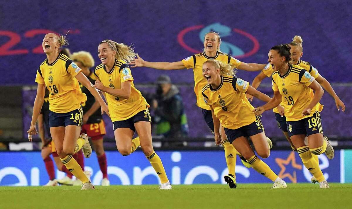 Sweden’s Linda Sembrant (second from left) celebrates after scoring her side’s goal in stoppage time in the Women’s Euro 2022 quarterfinal soccer match in Leigh, England.