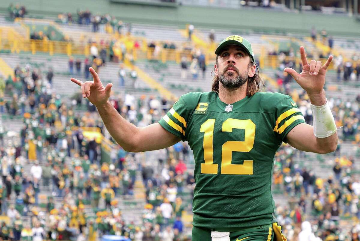 Aaron Rodgers of Green Bay celebrates after beating Washington in 2021. The Packers reported revenues of $579 million in 2022, a 56% increase over its 2021 total.
