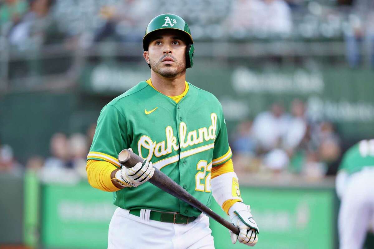 Oakland Athletics right fielder Ramon Laureano (22) walks back to the dugout after striking out in the 1st inning during an MLB game against the Texas Rangers at RingCentral Coliseum, Friday, July 22, 2022, in San Francisco, Calif.