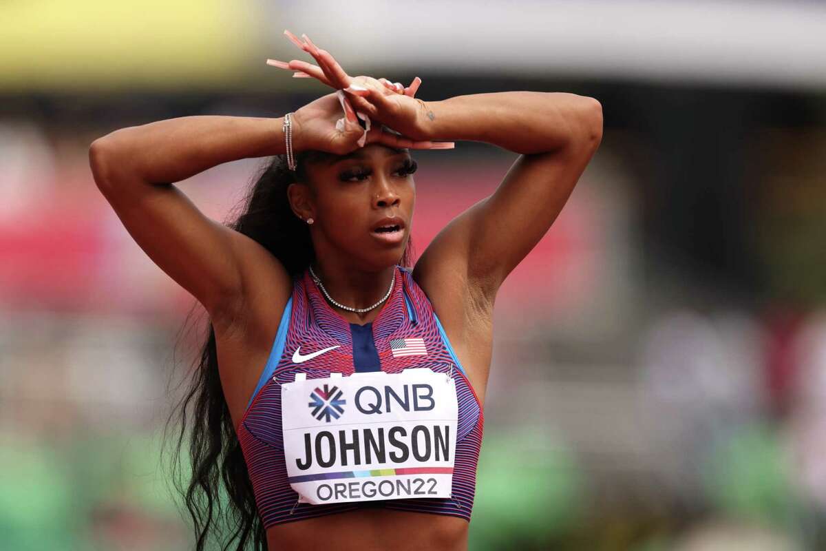 EUGENE, OREGON - JULY 23: Alaysha Johnson of Team United States reacts after competing in the Women's 100m Hurdles heats on day nine of the World Athletics Championships Oregon22 at Hayward Field on July 23, 2022 in Eugene, Oregon.