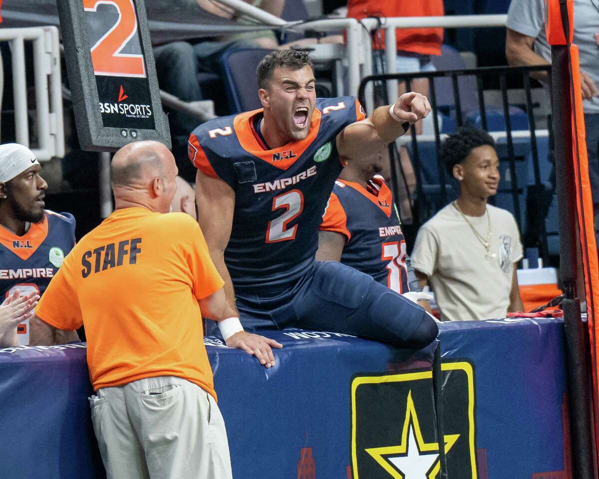 Albany Empire linebacker Jake Metz reacts to his team beating the San Antonio Gunslingers in a National Arena League game at the MVP Arena. Metz was the team's only major signing heading into the playoffs.