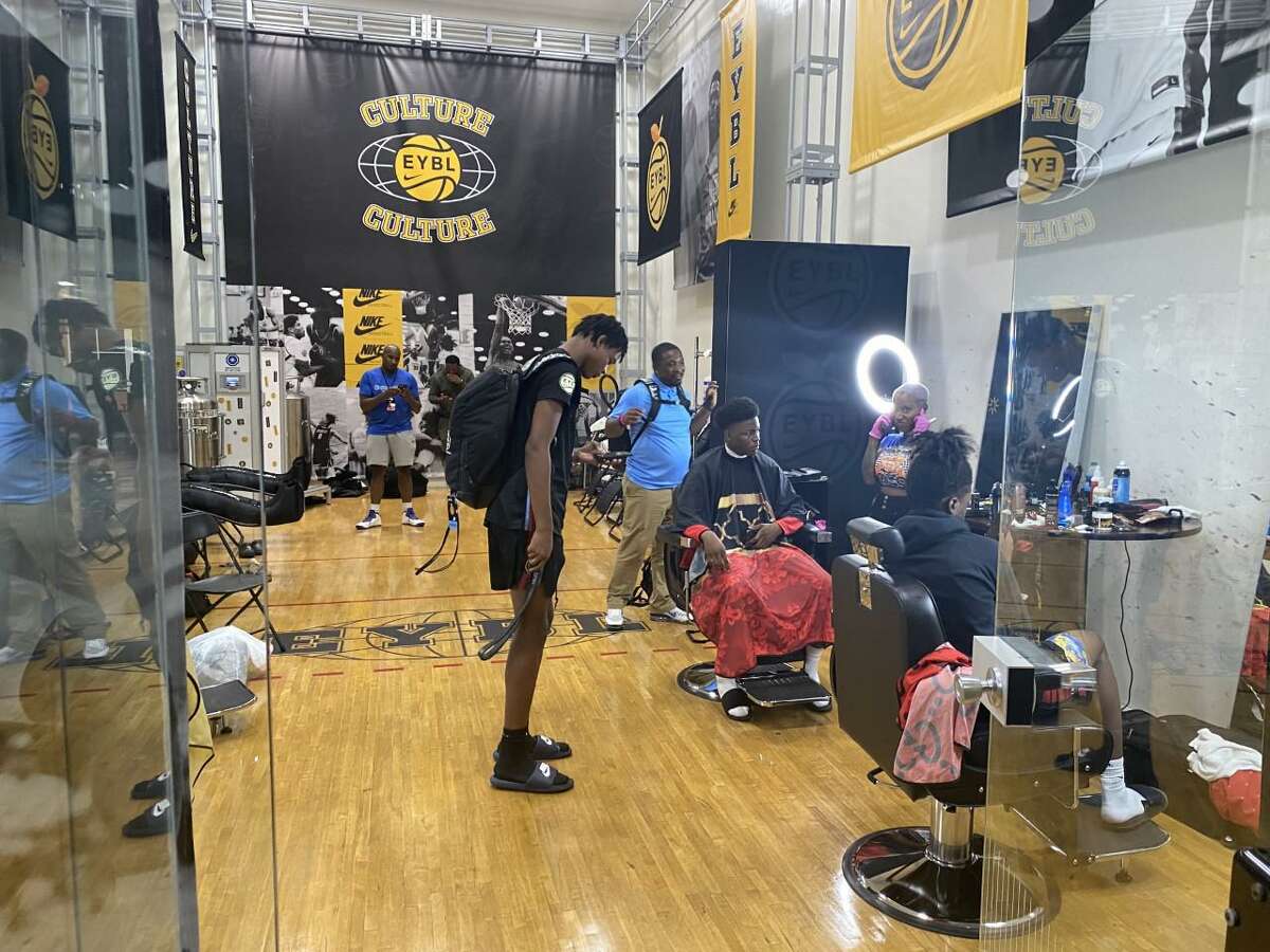 A barbershop is located in the Riverview Park Activities Center during the Nike Peach Jam.