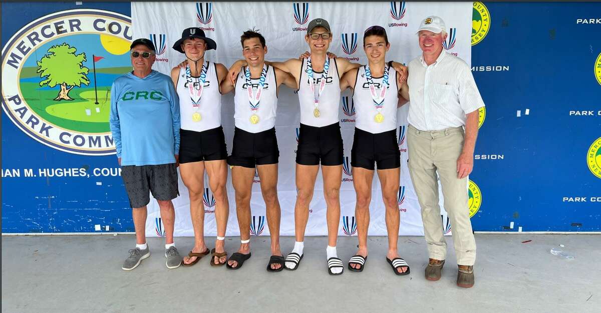 Members of the winner crew at the U23 trials in Sarasota, Fla. From left, coach Craig Hoffman, Troy Riesenberger, Justin Schmidt, Eli Rabinowitz, Simon Dubiel and coach Lyons Bradley.