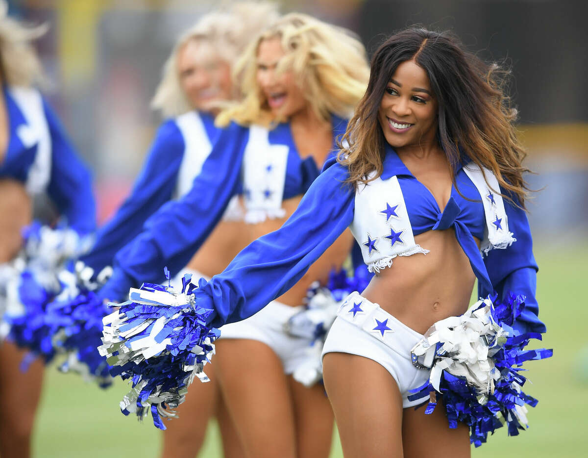 Dallas Cowboys cheerleaders perform for fans during the official opening day of training camp at River Ridge Playing Fields on July 24, 2021, in Oxnard, Calif.