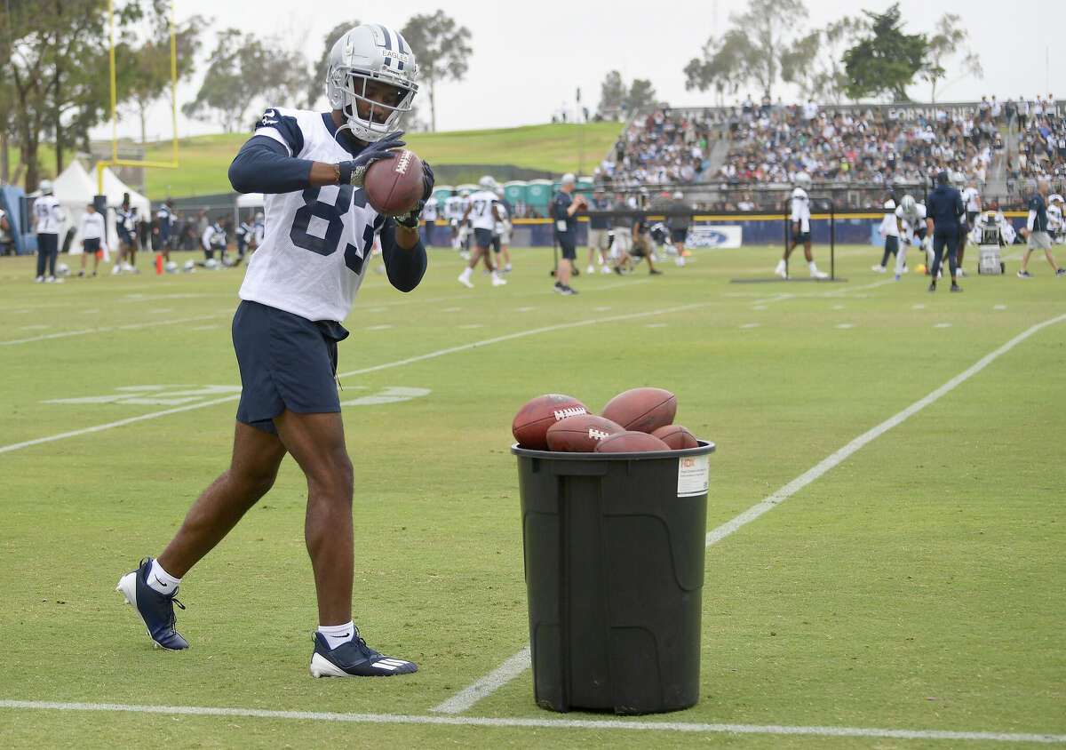 Wide receiver Brennan Eagles of the Dallas Cowboys participates in drills during training camp at River Ridge Playing Fields on July 24, 2021, in Oxnard, Calif.