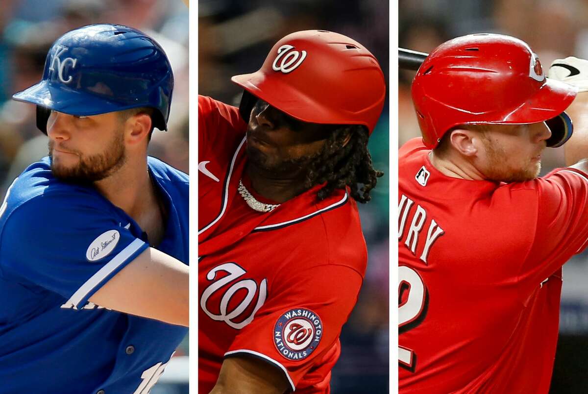 Kansas City's Andrew Benintendi (left), Washington's Josh Bell (center) and Cincinnati's Brandon Drury all are available at the trade deadline and could be a fit for the Astros.