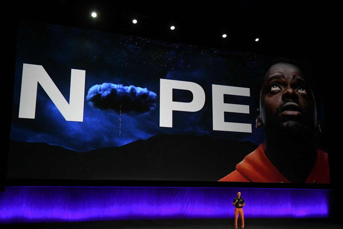 Owner of the first black-owned movie theater in the Baltimore area Anthony Fykes speaks about Jordan Peele's movie "Nope" during Universal Studios special presentation during CinemaCon 2022 at Caesars Palace on April 27, 2022 in Las Vegas, Nevada. (Photo by VALERIE MACON / AFP) (Photo by VALERIE MACON/AFP via Getty Images)