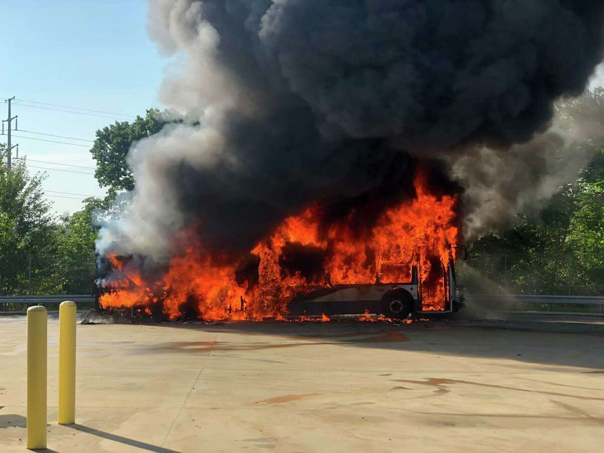 One of the CTtransit’s 12 electric battery-powered buses burns at a depot in Hamden in July. While the cause the fire remains under investigation, Republicans are calling for a halt to the purchase of new electric buses by the Department of Transportation.