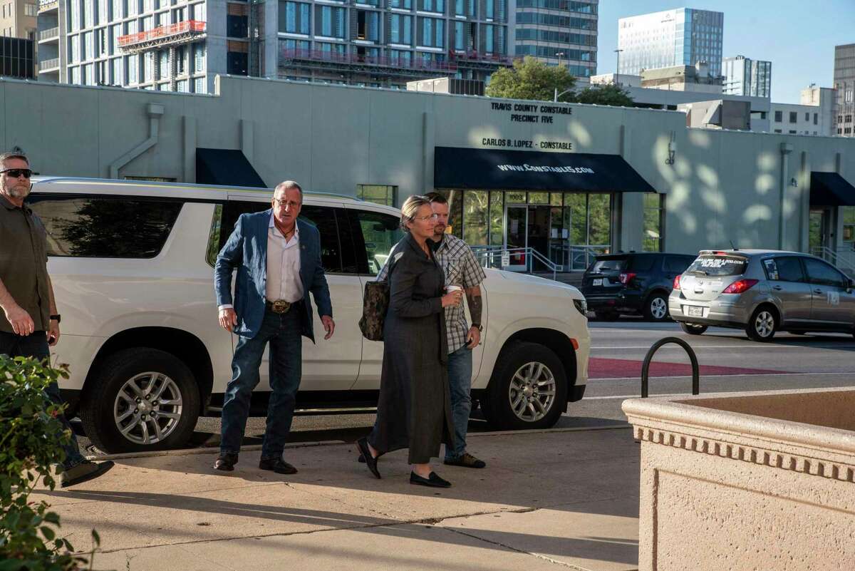 Neil Heslin and Scarlett Lewis, parents of Jesse Lewis arrive at the 459th Civil District Court on Tuesday, July 26, 2022 in Austin, TX. Jesse Lewis was killed in the 2012 mass shooting at Sandy Hook Elementary. Alex Jones is being sued by Neil Heslin and Scarlett Lewis over his repeated claims that the 2012 shooting at Sandy Hook Elementary was a "false flag operation" conducted by the government.