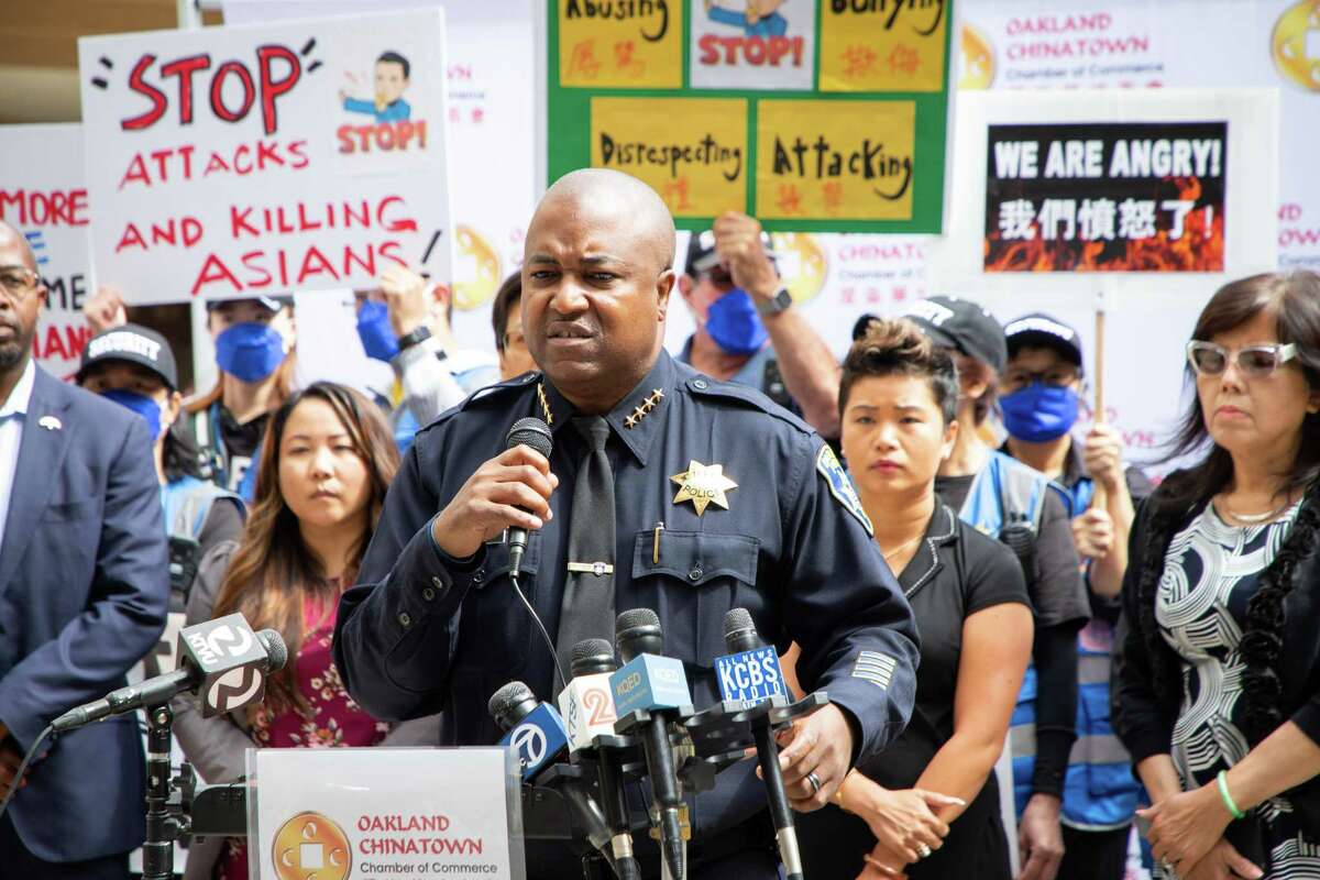 Oakland Police Chief LeRonne Armstrong speaks during a news conference on July 26 in Oakland Chinatown.