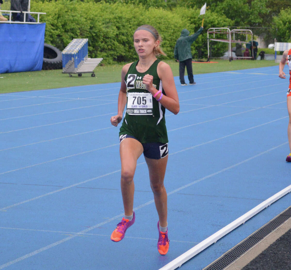Father McGivney freshman Elena Rybak runs alone on the lead in her 1,600-meters victory in May's Class 1A state meet in Charleston. Rybak is the 2022 Telegraph Girls Track Athlete of the Year.