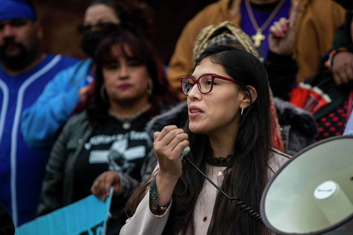 San Antonio District 5 City Councilwoman Teri Castillo, shown during a news conference outside the Bexar County Courthouse in January, has proposed a City Council resolution to express support for abortion rights.
